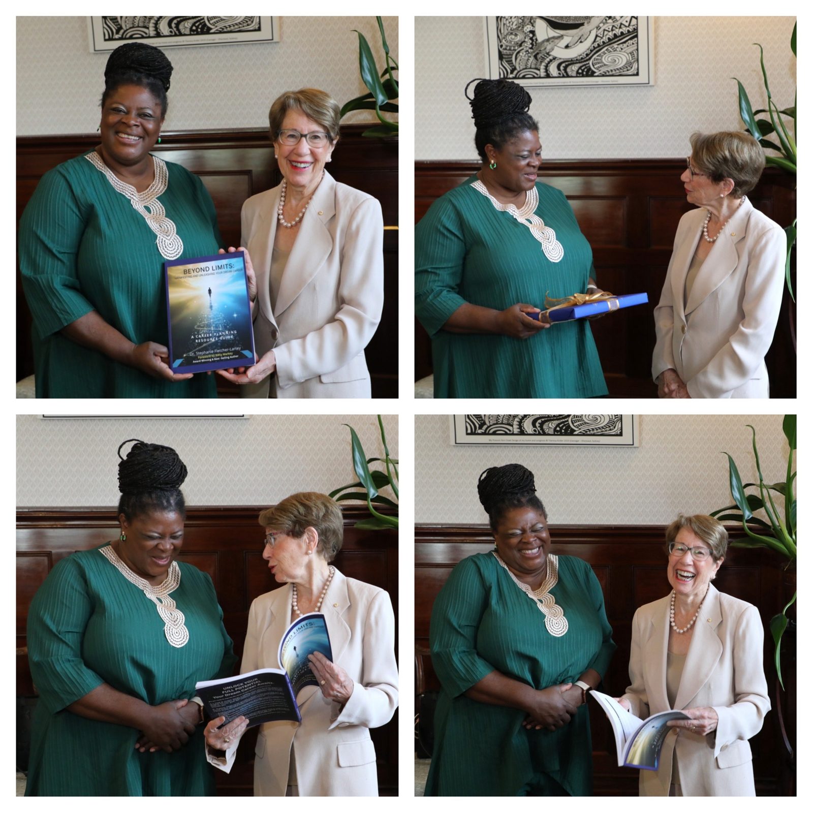 Dr Stephanie Fletcher-Lartey and the Governor exchanging books during the visit